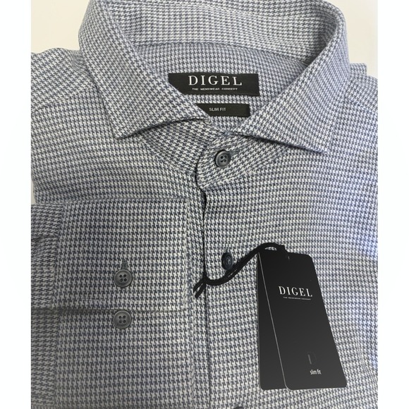 Digel Other - DIGEL Long Sleeve Button Up Shirt Mens 42L Blue Houndstooth Baumwolla Cotton NWT